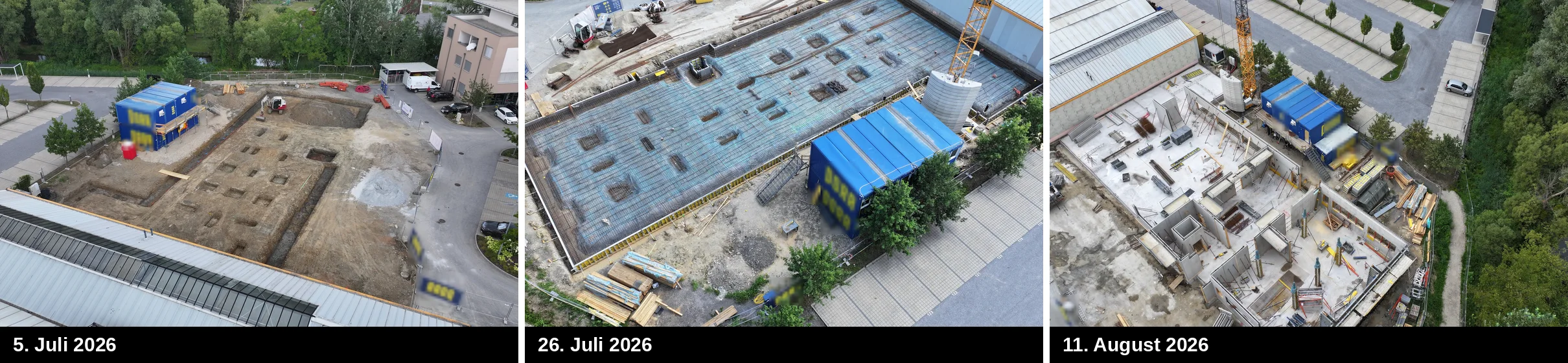 Isto gradbišče iz zraka 5. julija, 26. julija in 11. avgusta 2026, vsakič z istega položaja
